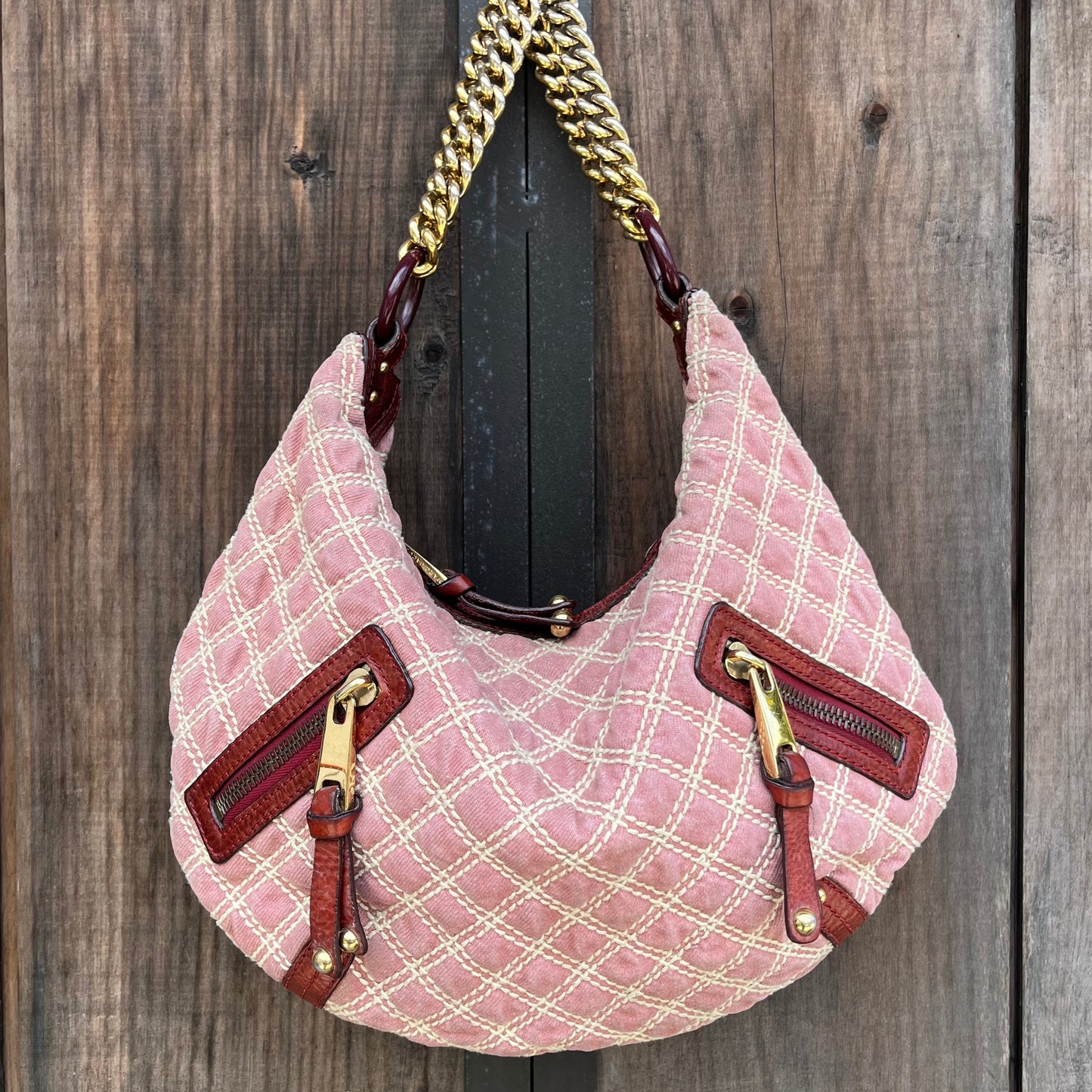 MARC JACOBS Banana Pink Denim Quilted Gold Chain Hobo Bag