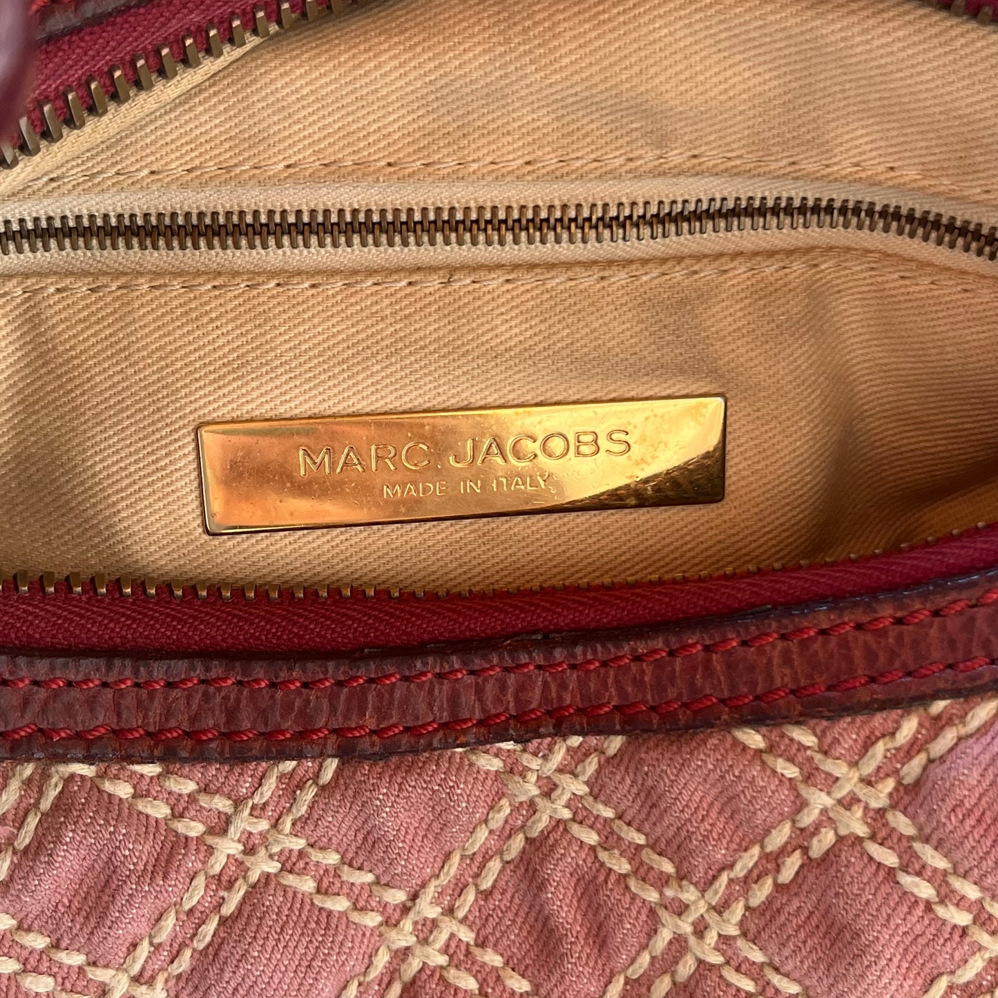 MARC JACOBS Banana Pink Denim Quilted Gold Chain Hobo Bag