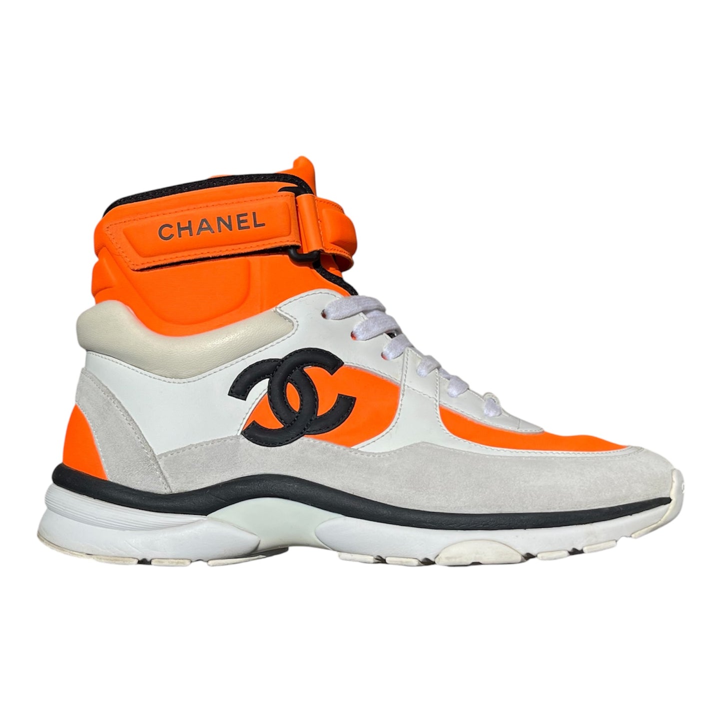 CHANEL Tricolor Leather and Neoprene CC High Top Sneakers