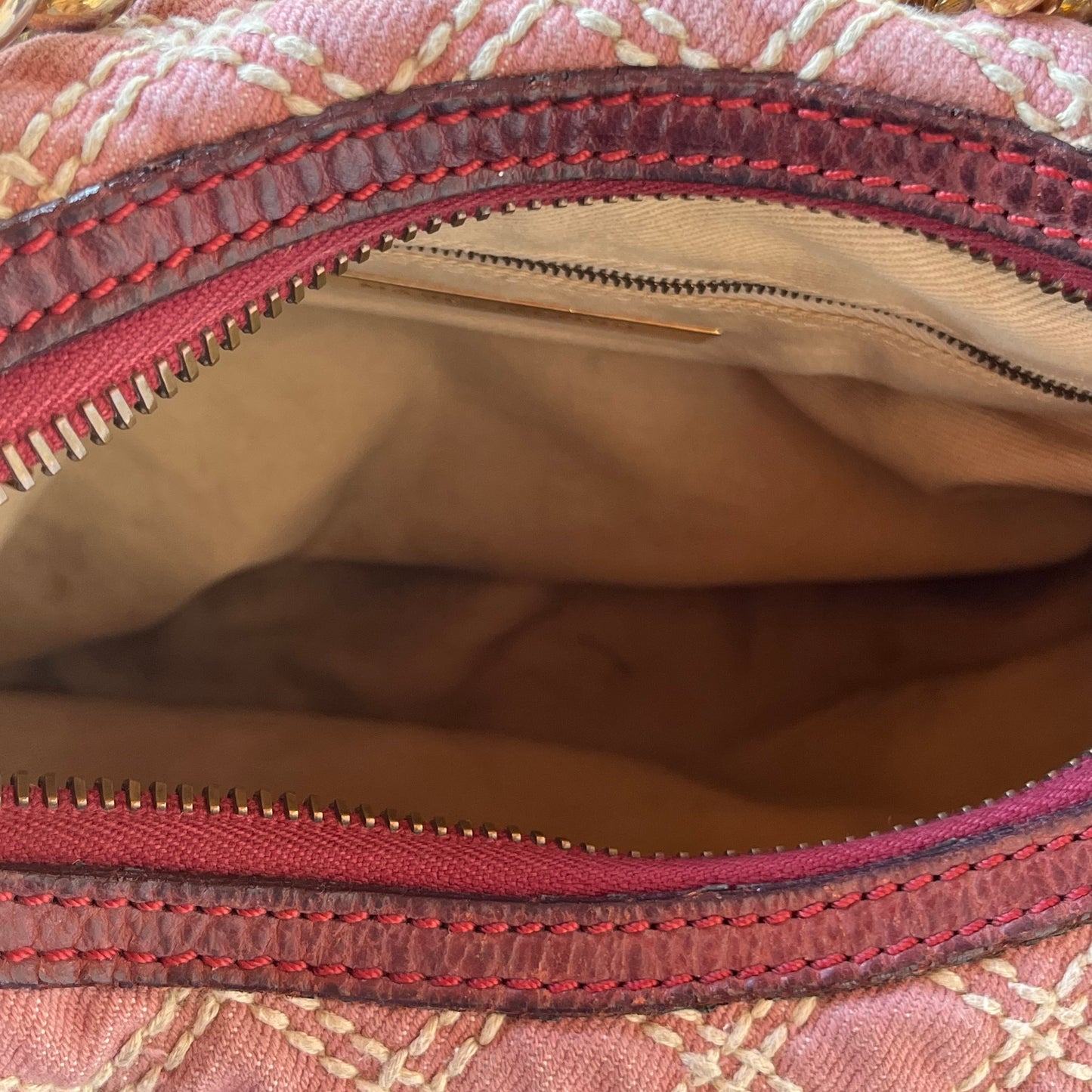 MARC JACOBS Banana Pink Denim Quilted Gold Chain Hobo Bag