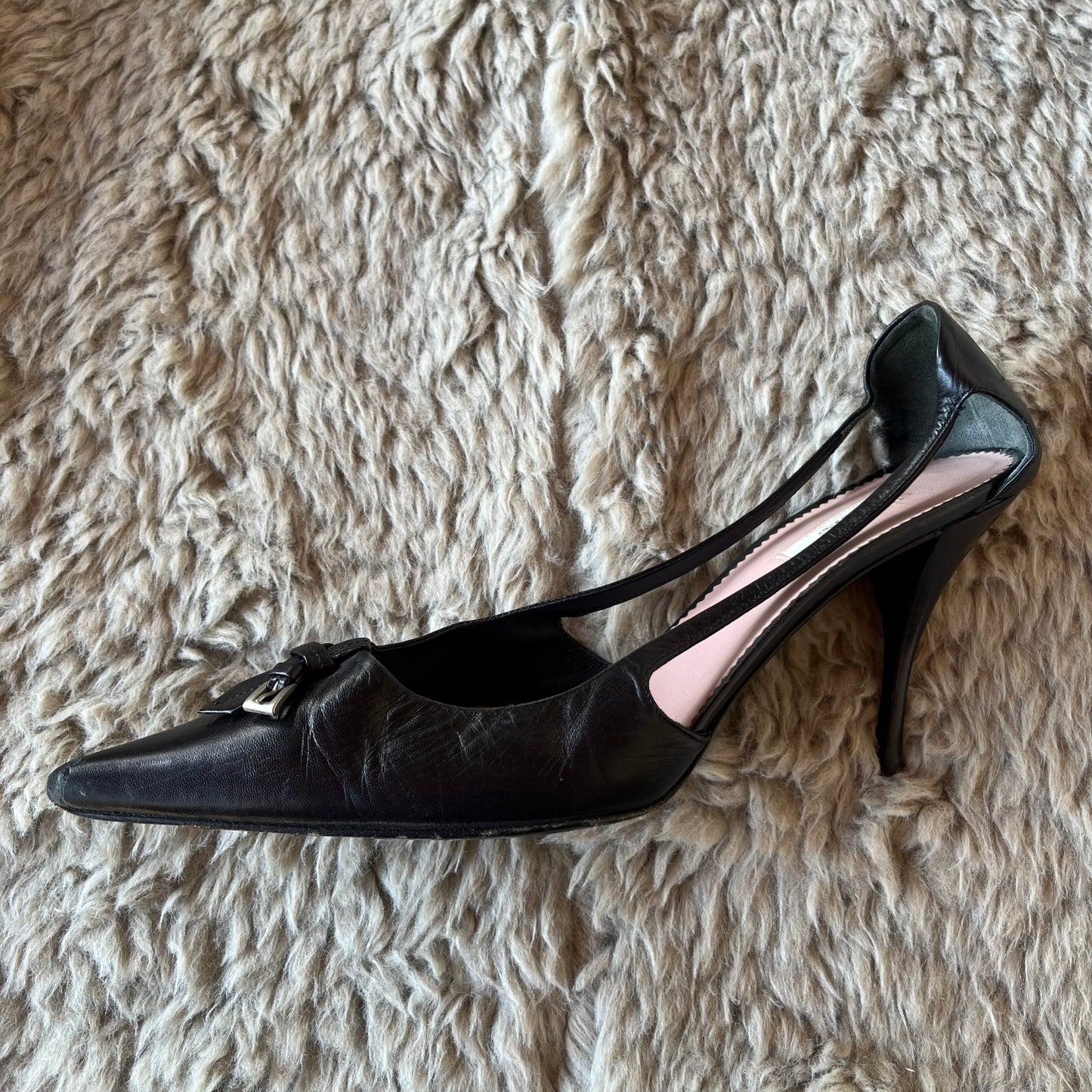 PRADA Buckle Detail Pointed Toe Open Side Pumps