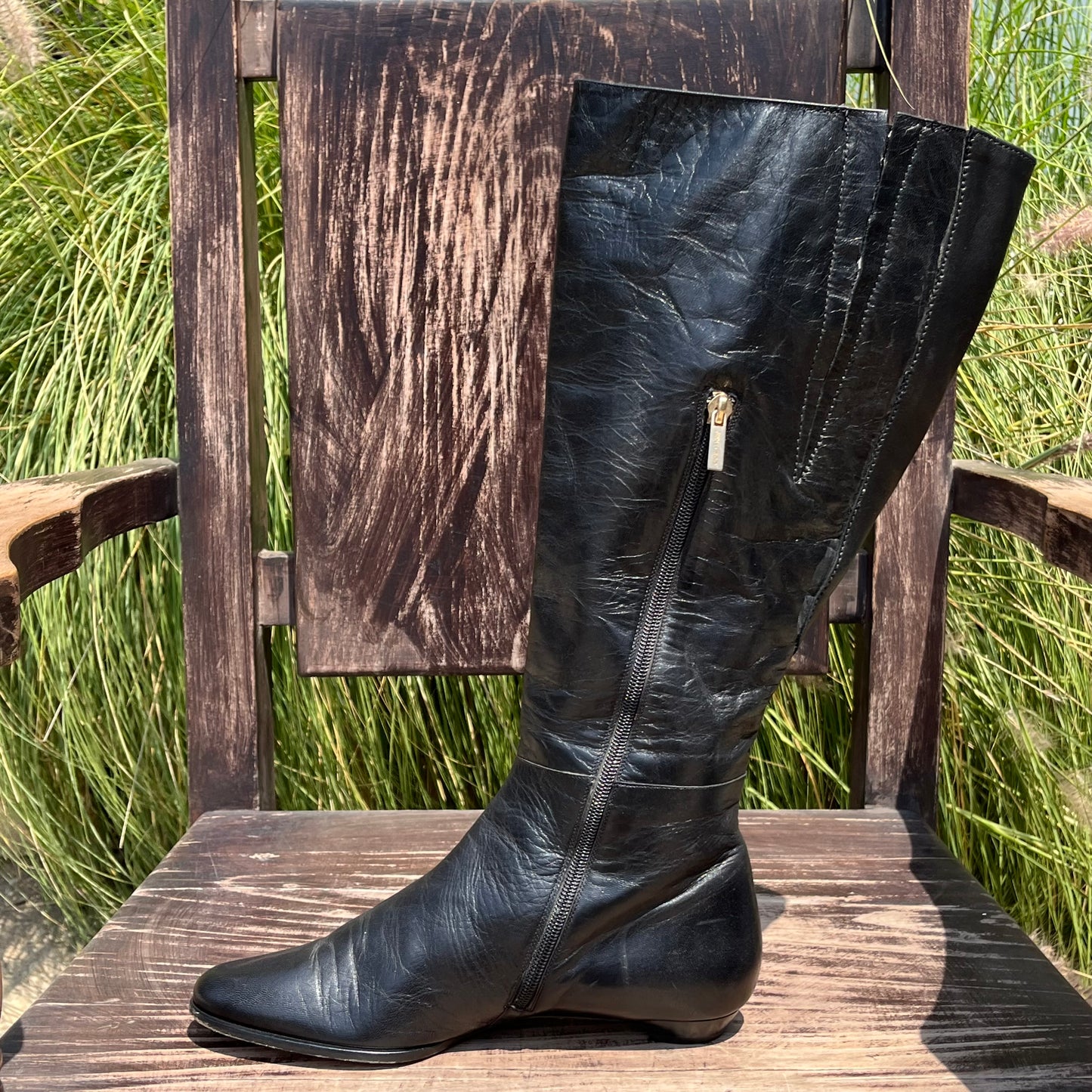 JIMMY CHOO Black Leather Classic Almond Toe Riding High Flat Boots