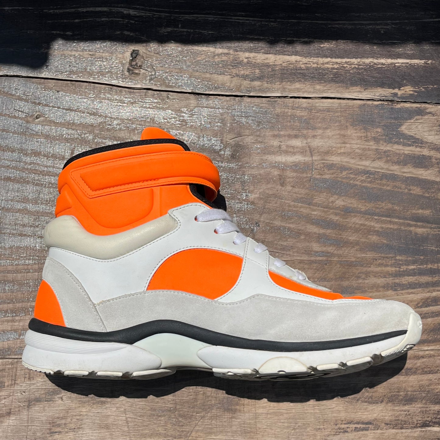 CHANEL Tricolor Leather and Neoprene CC High Top Sneakers