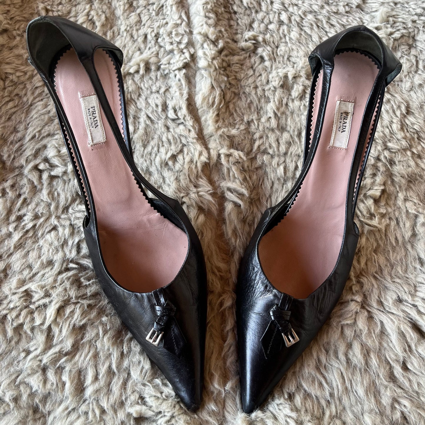 PRADA Buckle Detail Pointed Toe Open Side Pumps