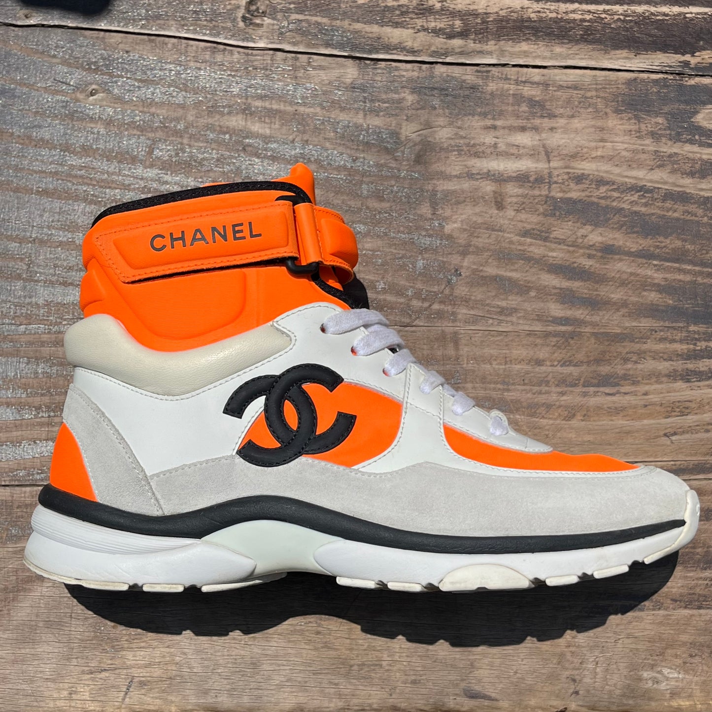 CHANEL Tricolor Leather and Neoprene CC High Top Sneakers