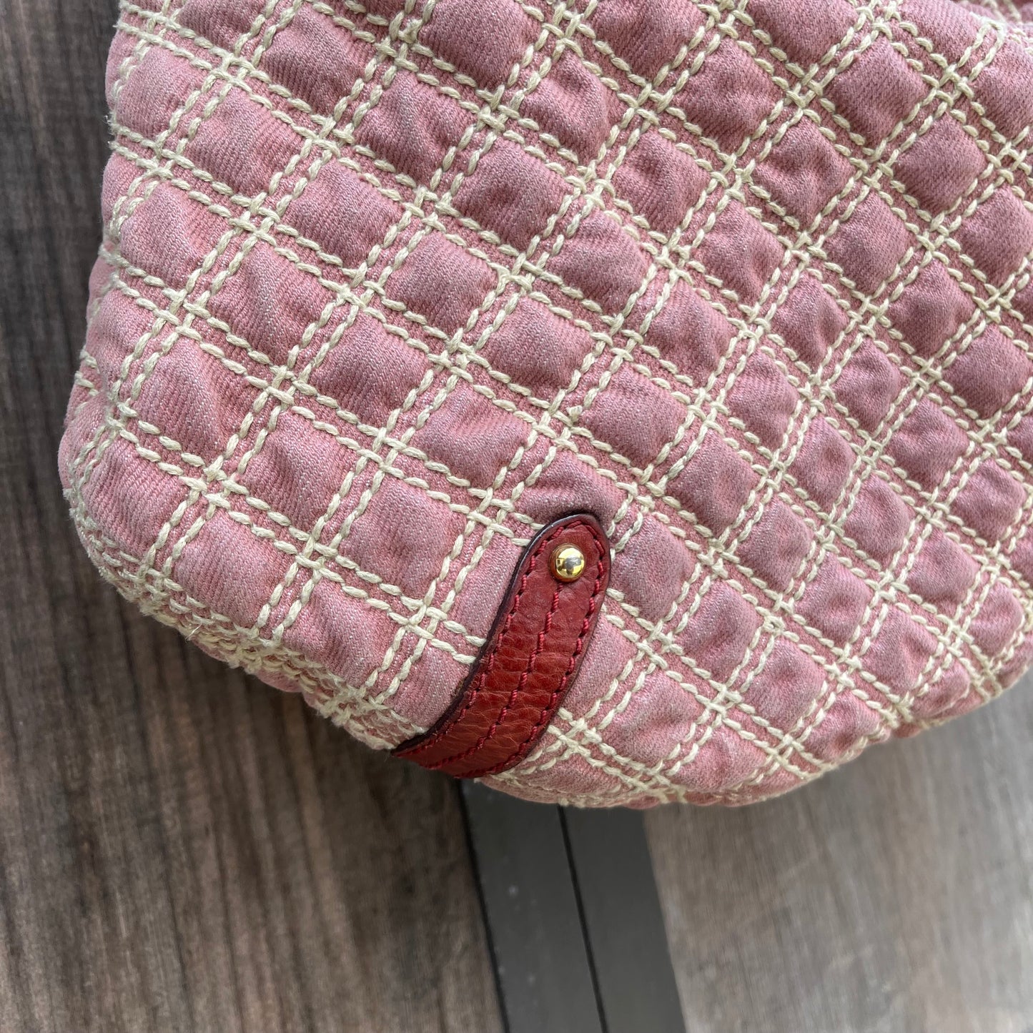 MARC JACOBS Banana Pink Denim Quilted Gold Chain Hobo Bag