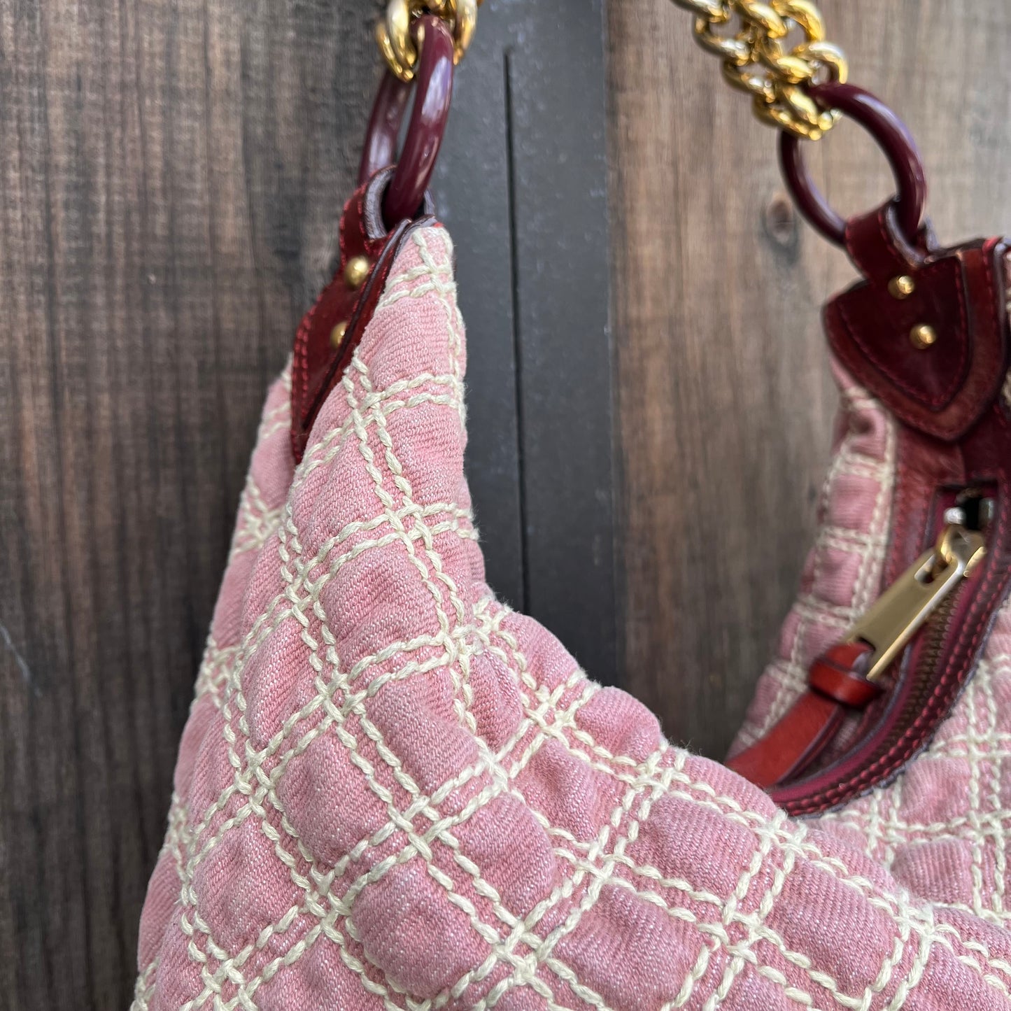 MARC JACOBS Banana Pink Denim Quilted Gold Chain Hobo Bag