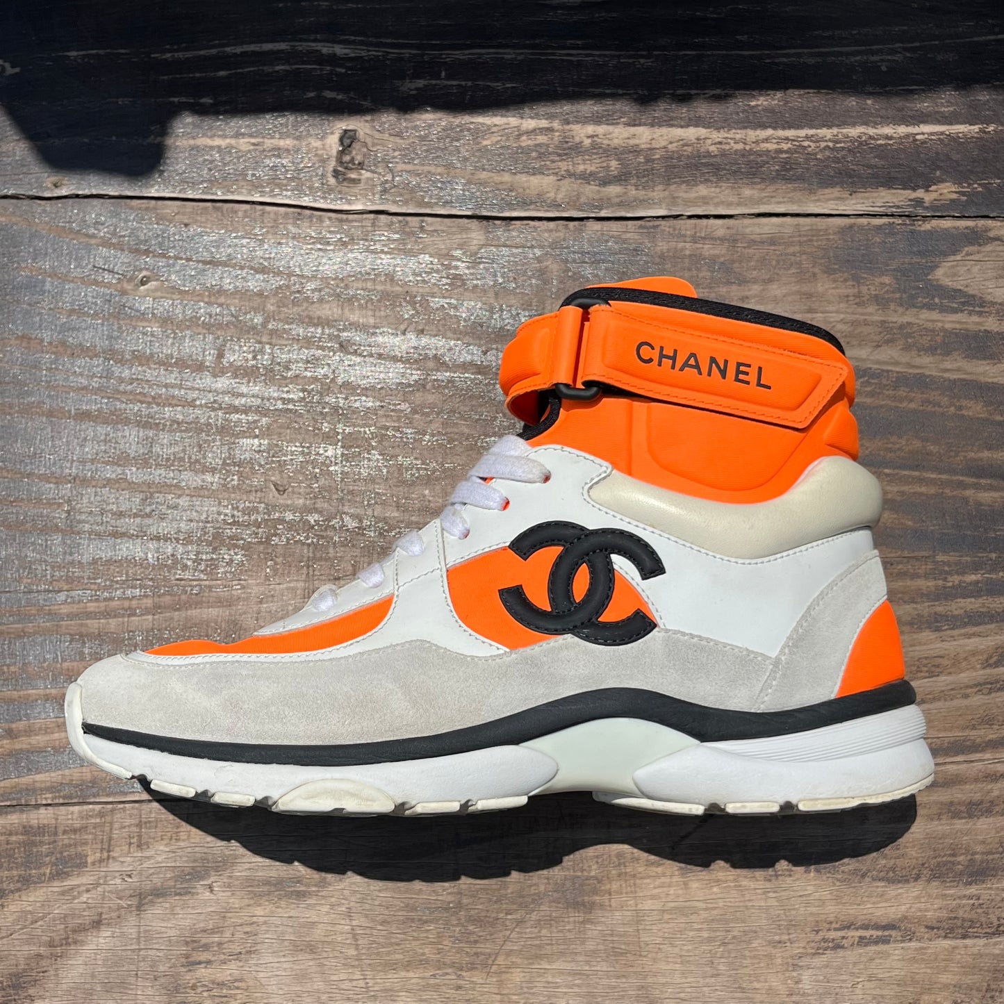 CHANEL Tricolor Leather and Neoprene CC High Top Sneakers