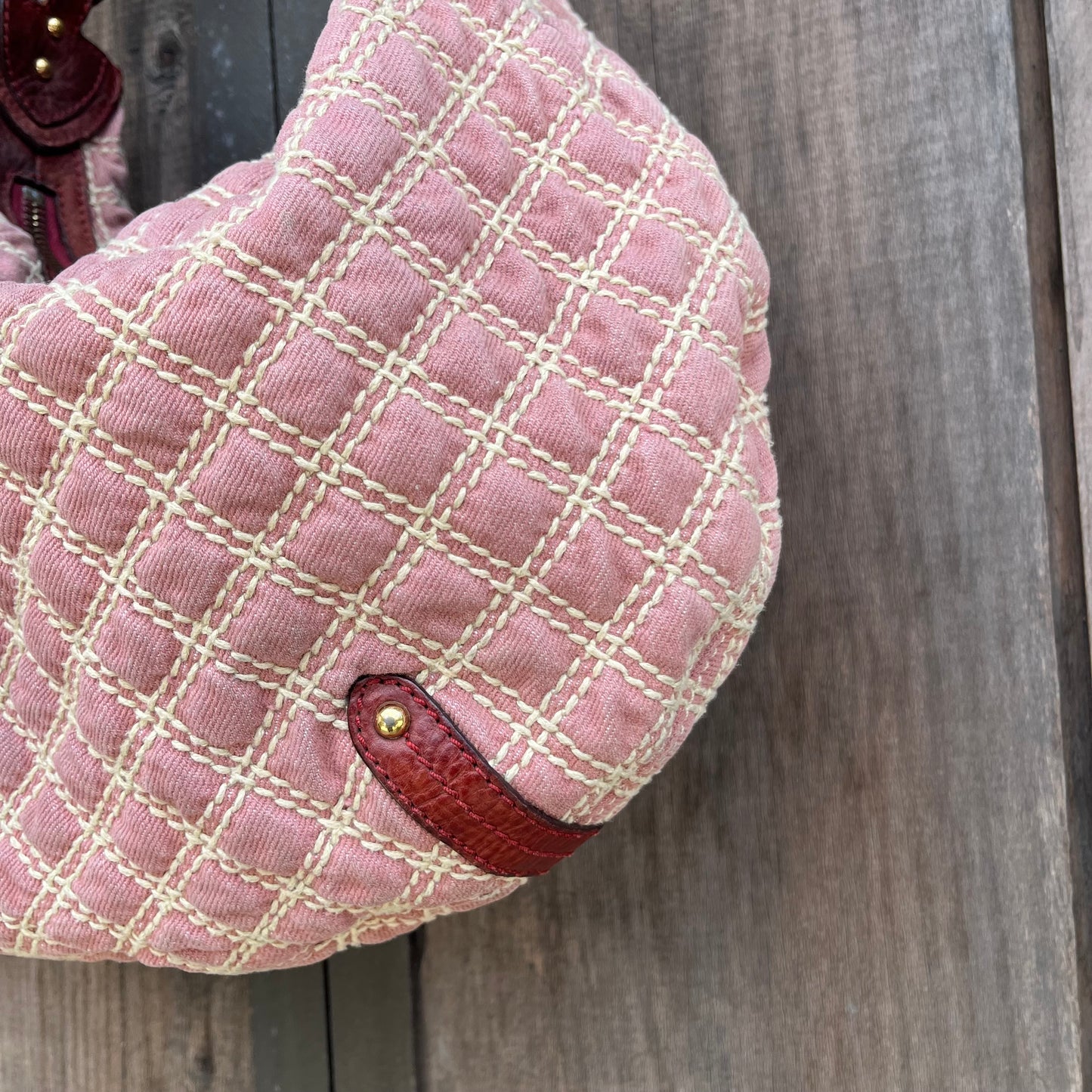 MARC JACOBS Banana Pink Denim Quilted Gold Chain Hobo Bag