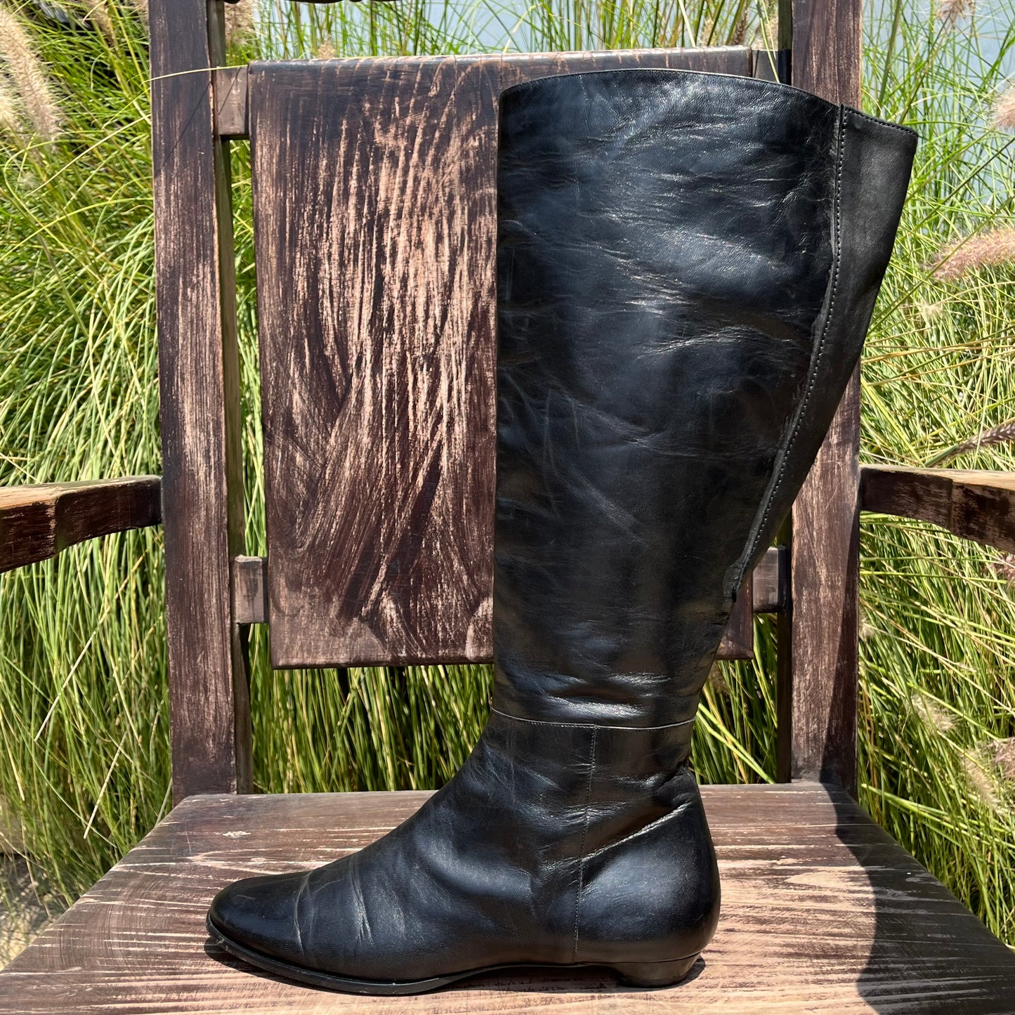 JIMMY CHOO Black Leather Classic Almond Toe Riding High Flat Boots