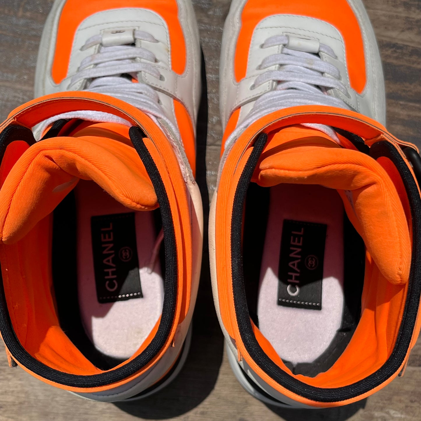 CHANEL Tricolor Leather and Neoprene CC High Top Sneakers