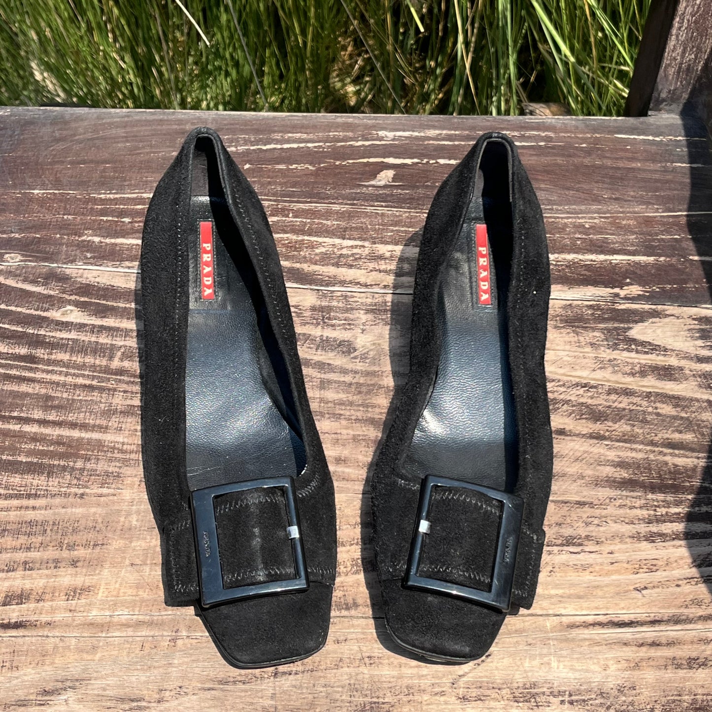 PRADA Buckle Black Suede Leather Low Kitten Heel Pumps