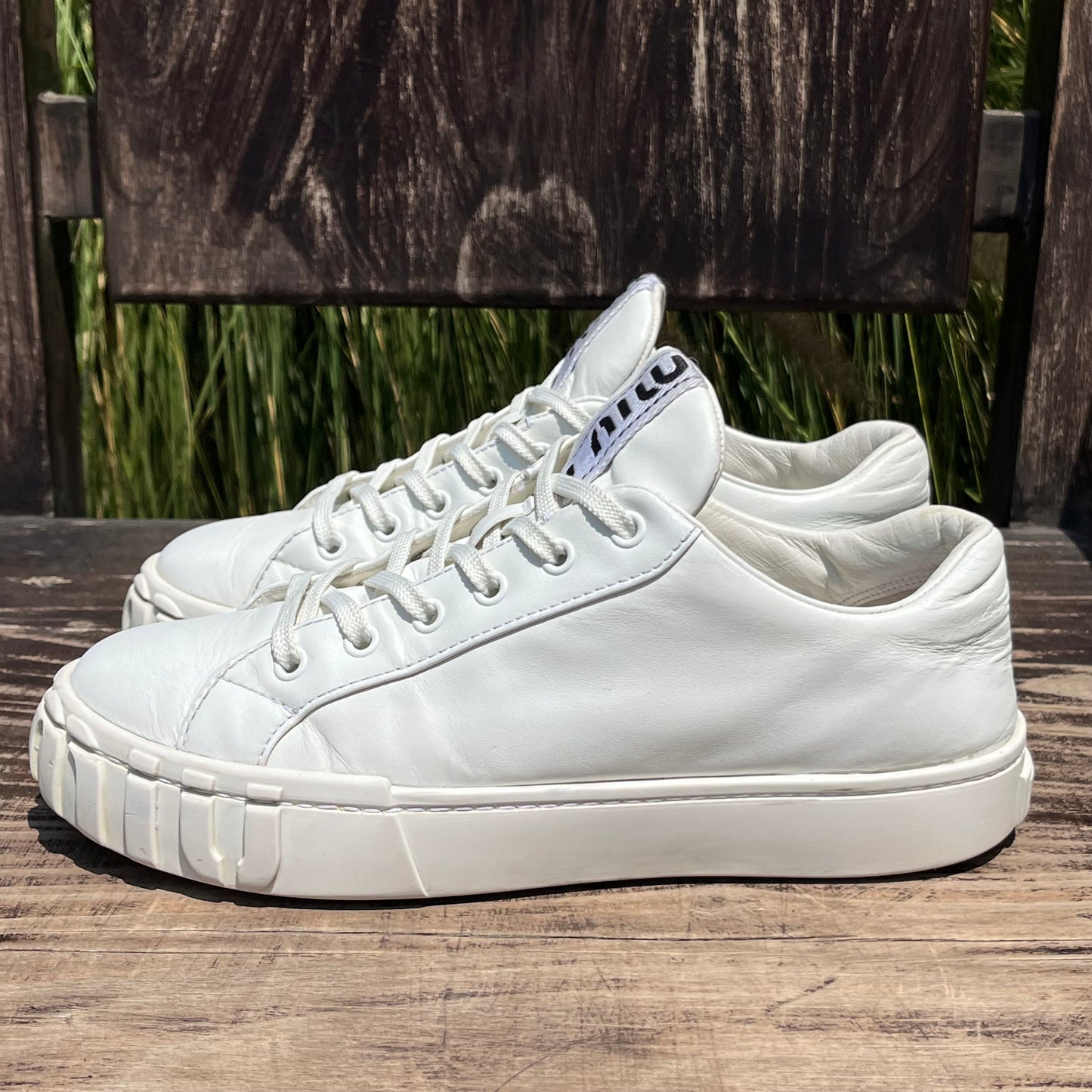 MIU MIU Logo Low Top White Leather Sneakers