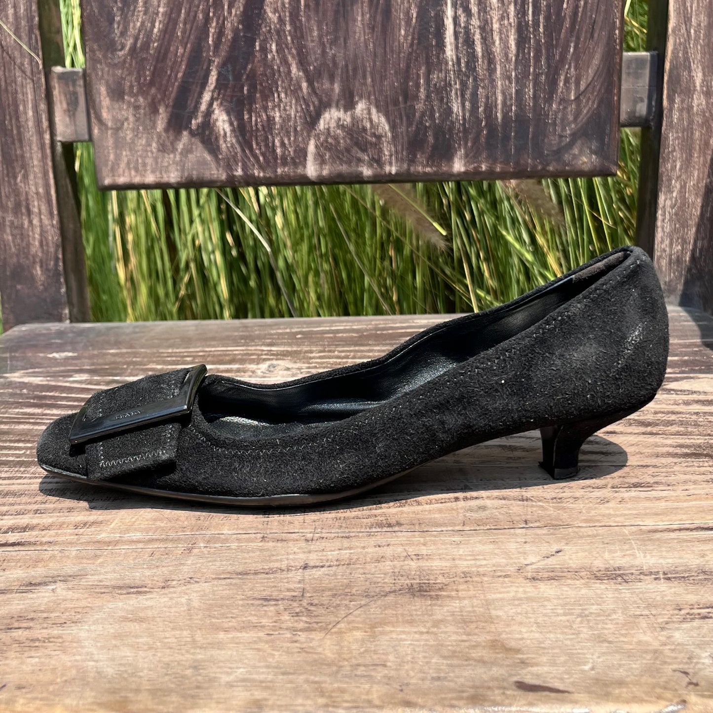 PRADA Buckle Black Suede Leather Low Kitten Heel Pumps