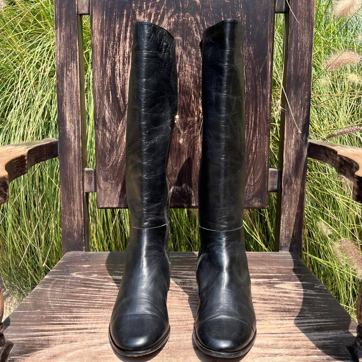JIMMY CHOO Black Leather Classic Almond Toe Riding High Flat Boots
