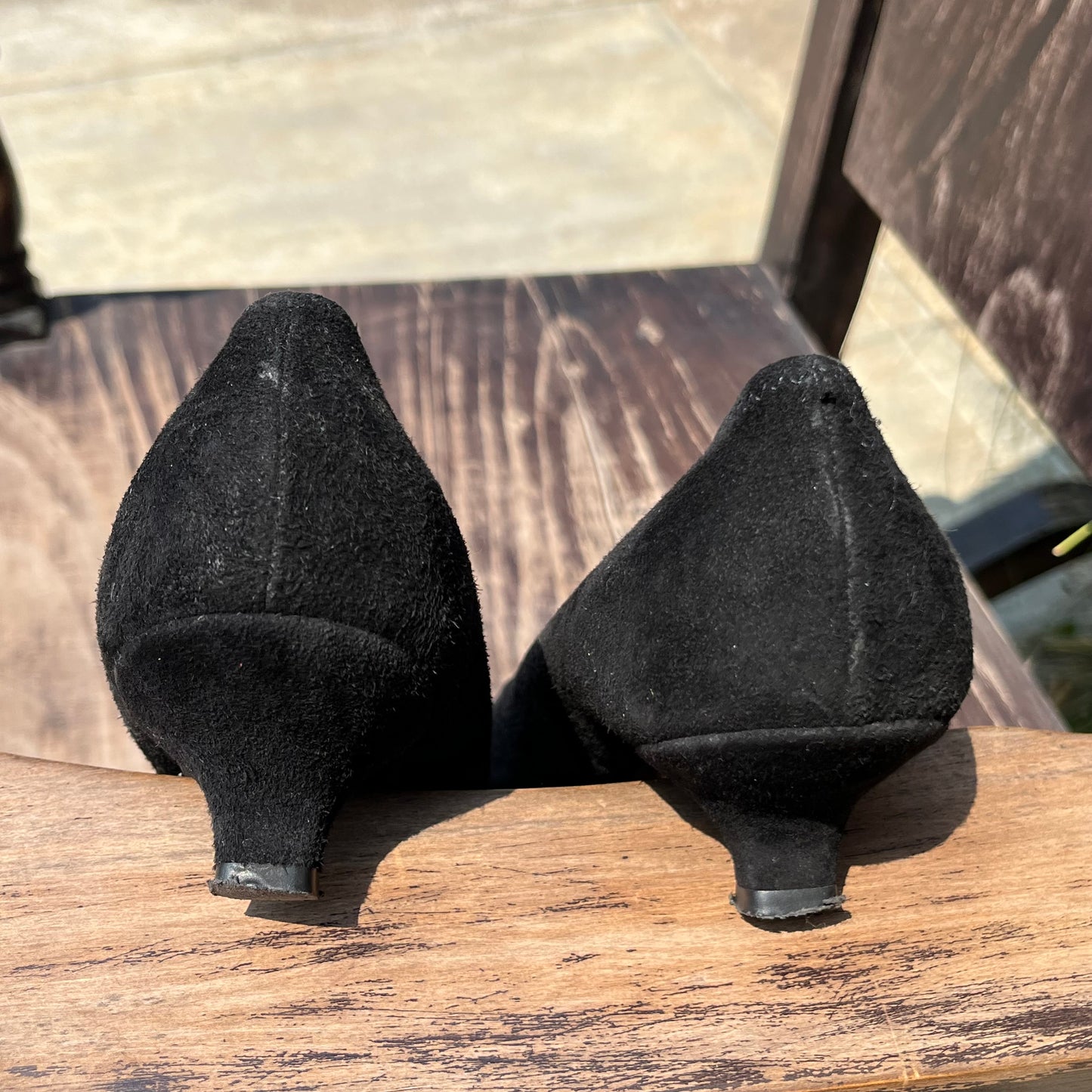 PRADA Buckle Black Suede Leather Low Kitten Heel Pumps