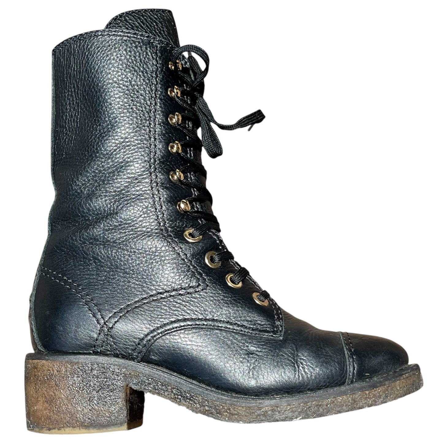 CHANEL CC Logo Leather Combat Lace Up Boots