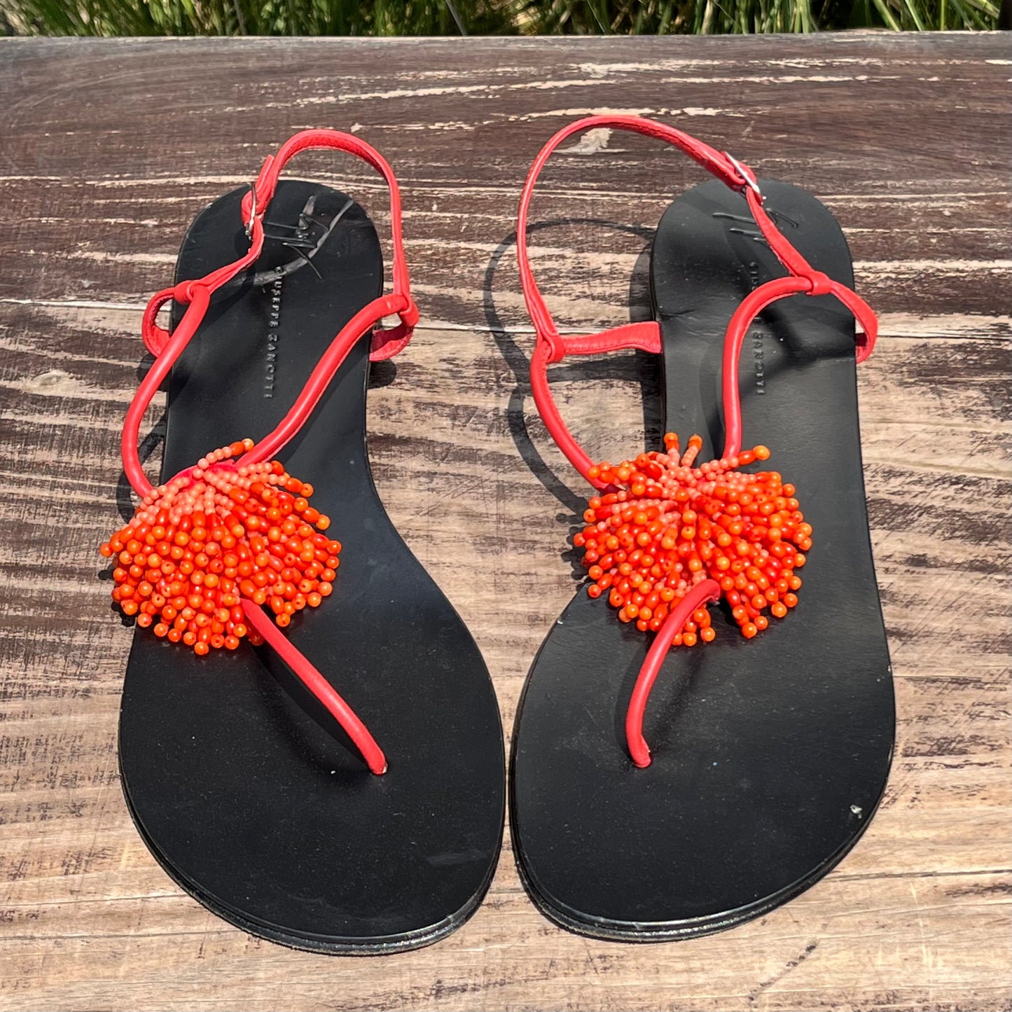 GIUSEPPE ZANOTTI Coral Bead Pom Pom Thong Sandal