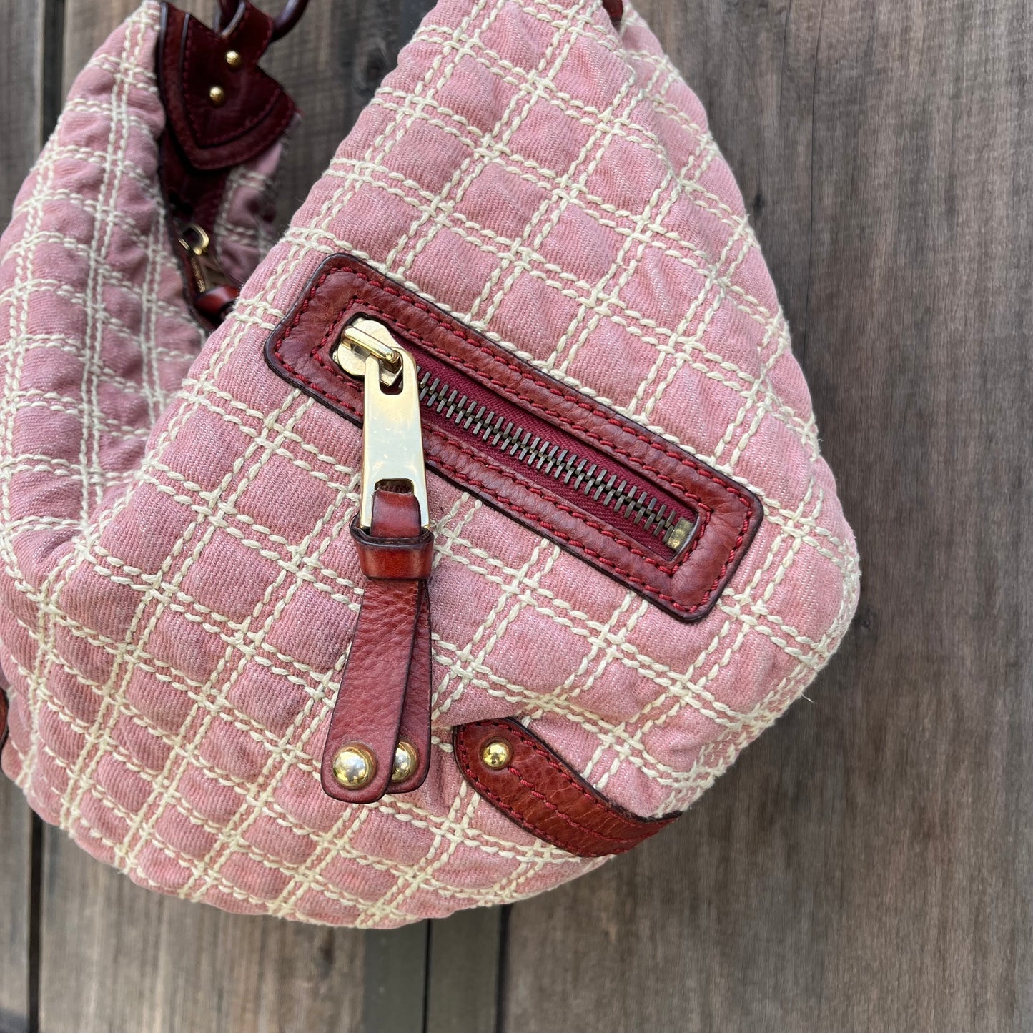 MARC JACOBS Banana Pink Denim Quilted Gold Chain Hobo Bag