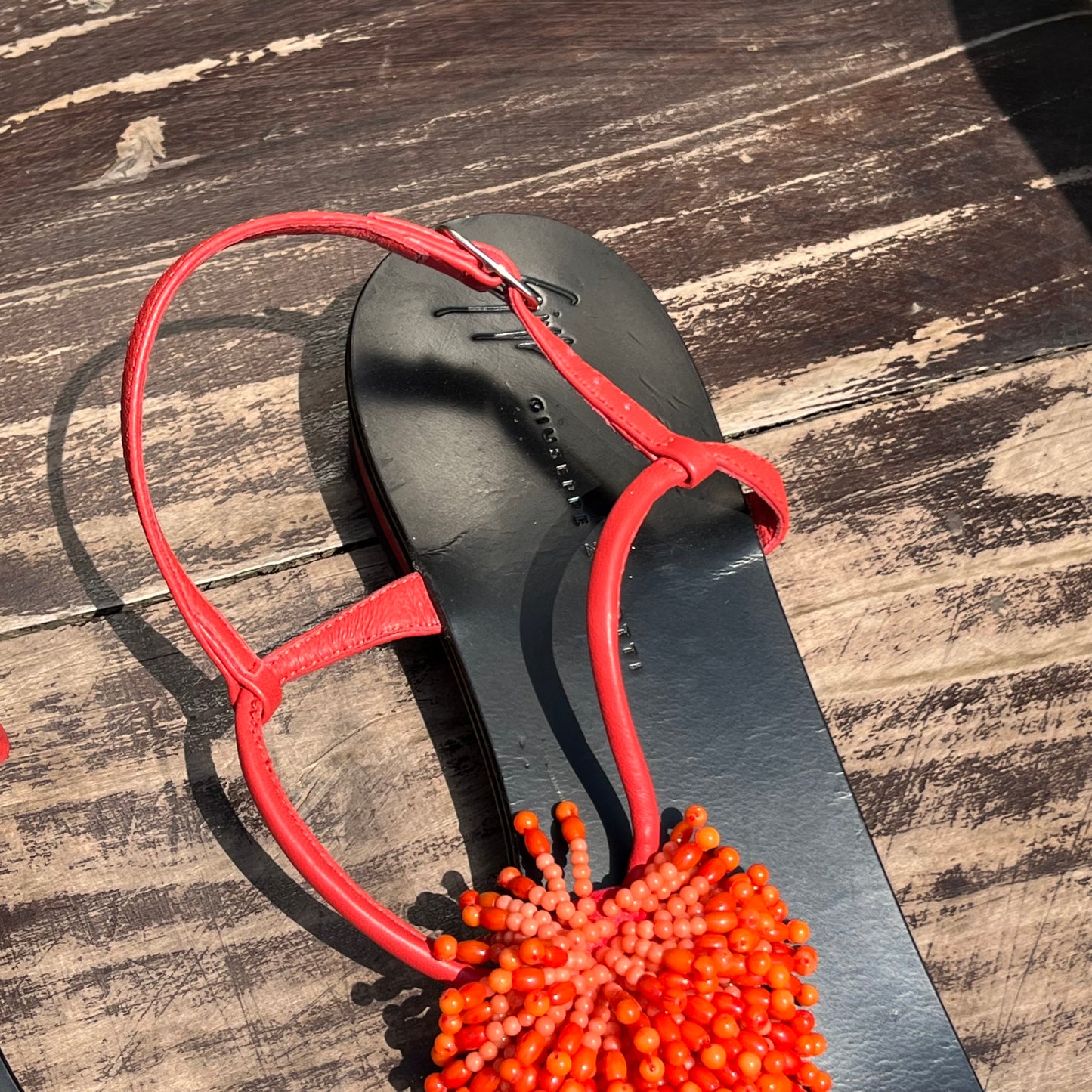 GIUSEPPE ZANOTTI Coral Bead Pom Pom Thong Sandal