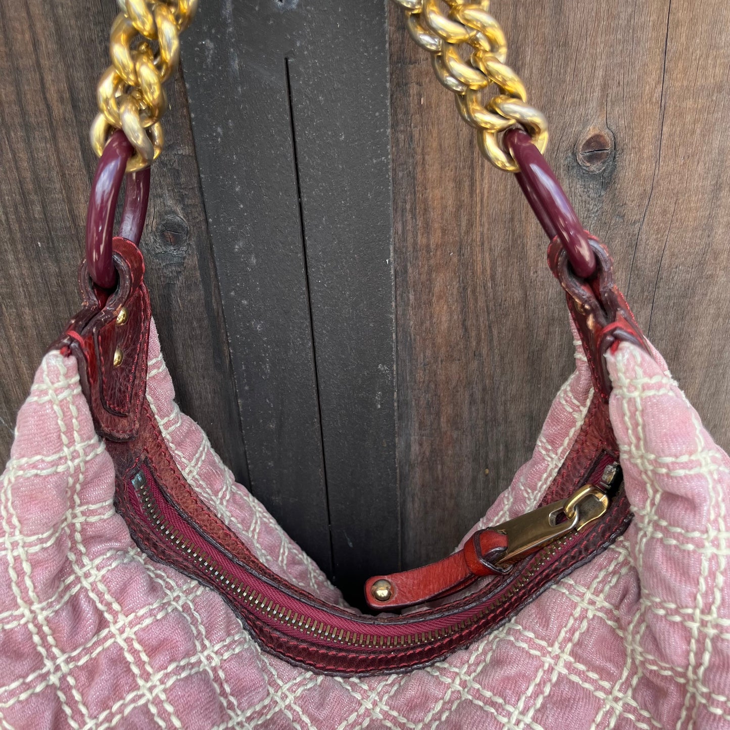 MARC JACOBS Banana Pink Denim Quilted Gold Chain Hobo Bag