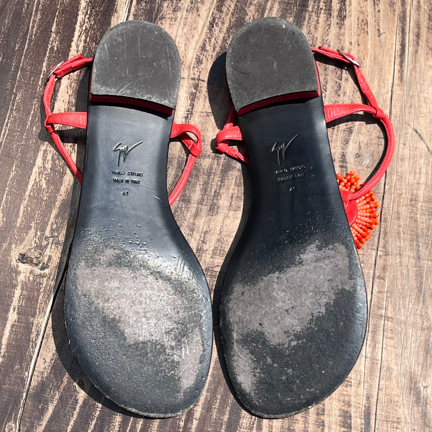 GIUSEPPE ZANOTTI Coral Bead Pom Pom Thong Sandal