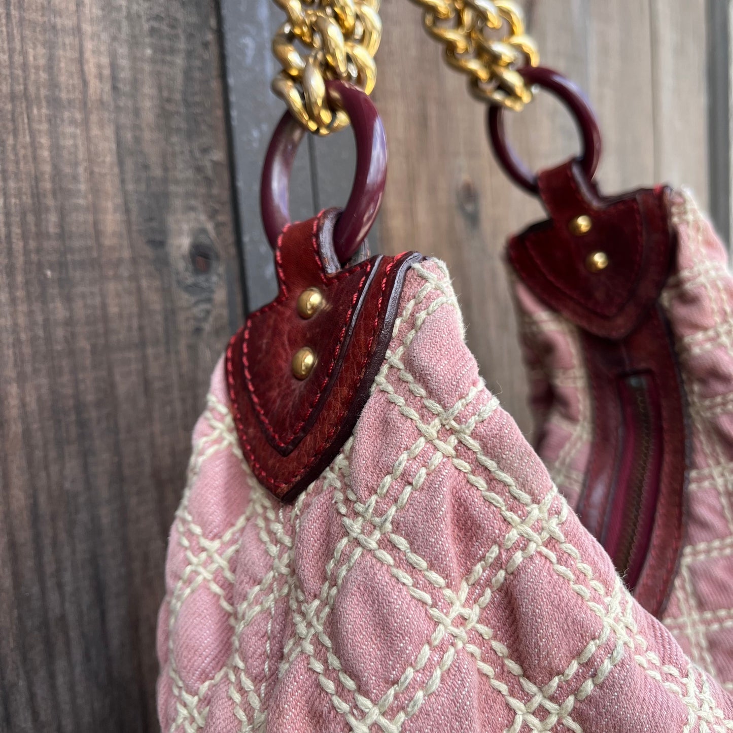 MARC JACOBS Banana Pink Denim Quilted Gold Chain Hobo Bag
