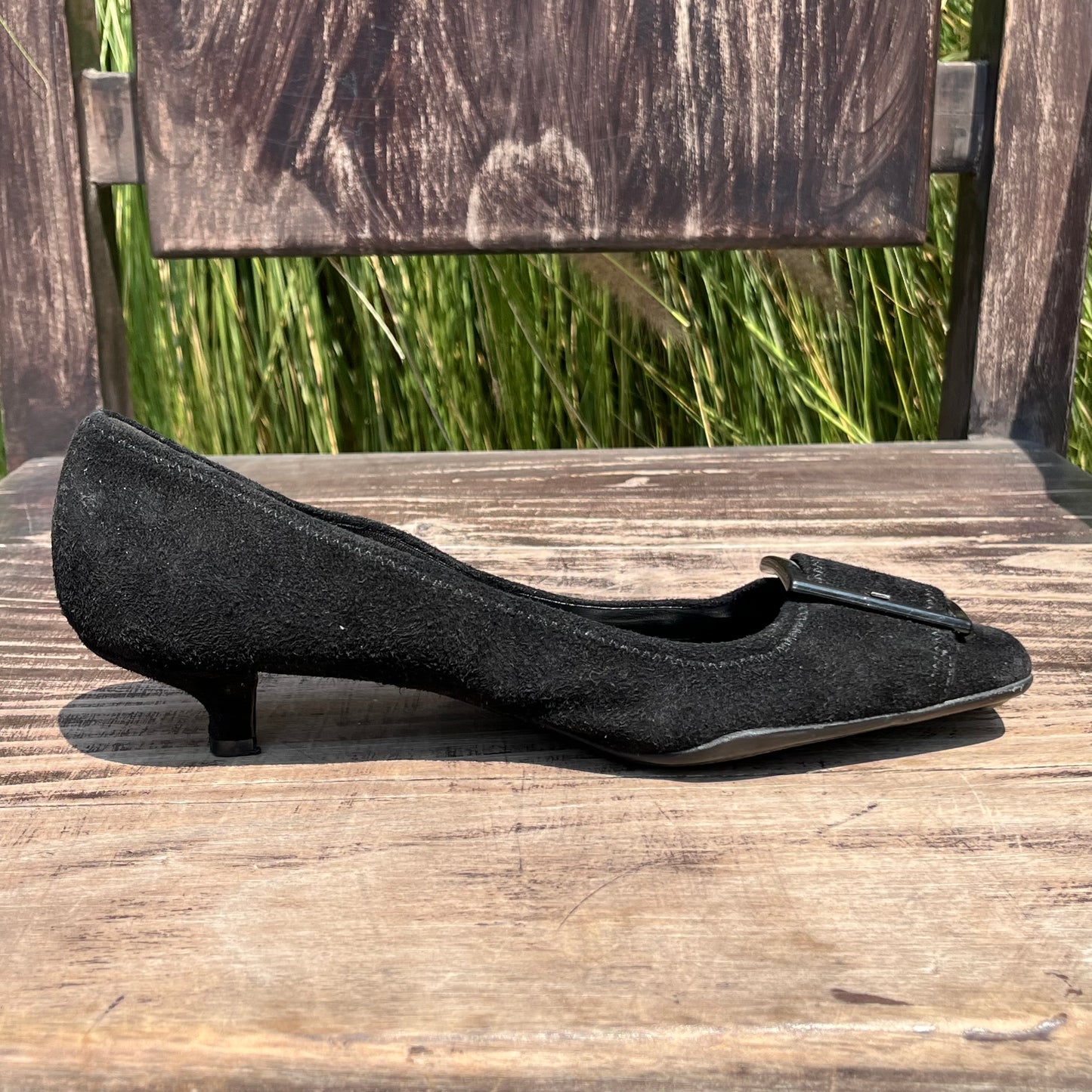 PRADA Buckle Black Suede Leather Low Kitten Heel Pumps