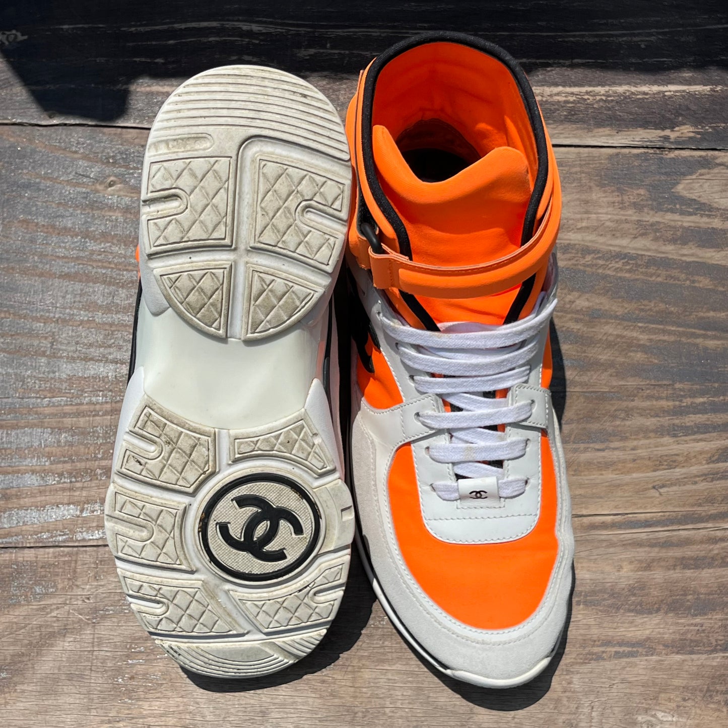 CHANEL Tricolor Leather and Neoprene CC High Top Sneakers