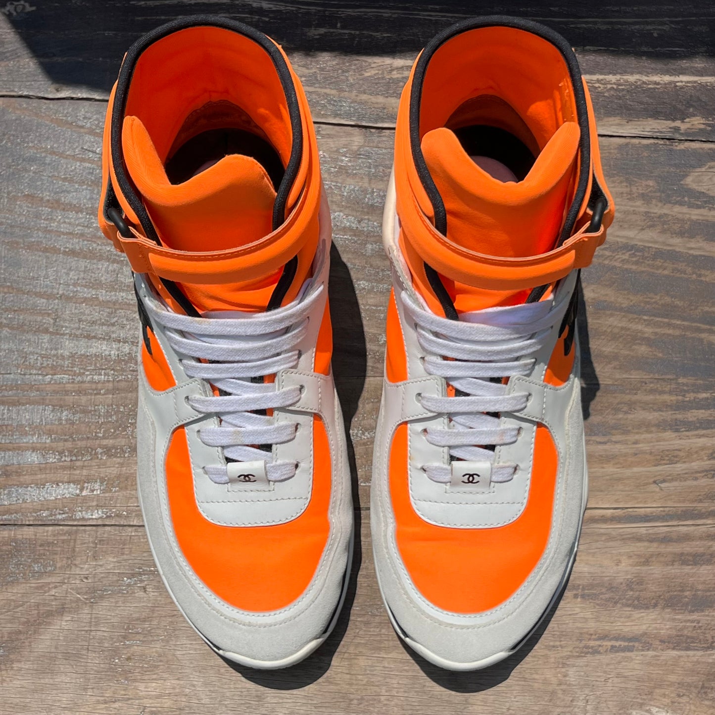 CHANEL Tricolor Leather and Neoprene CC High Top Sneakers