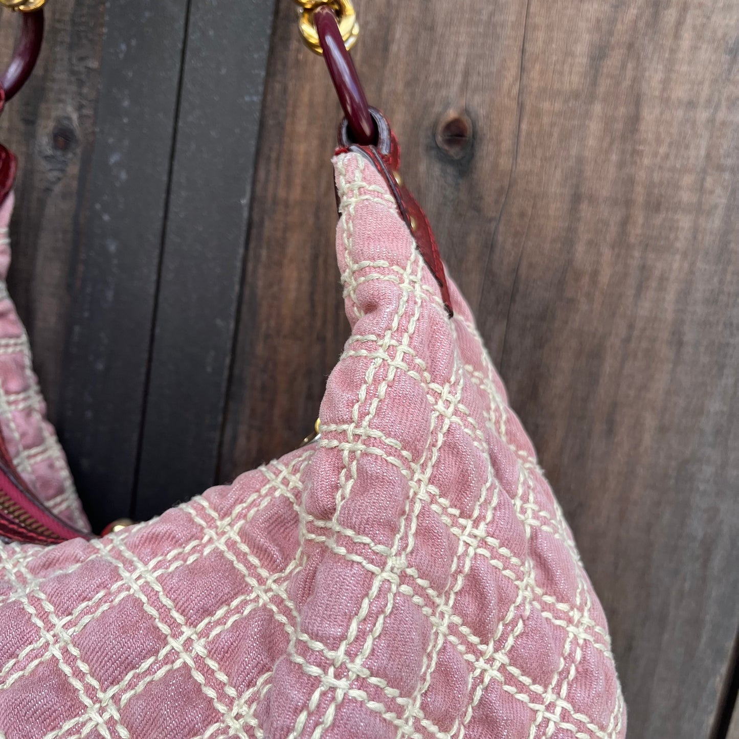 MARC JACOBS Banana Pink Denim Quilted Gold Chain Hobo Bag