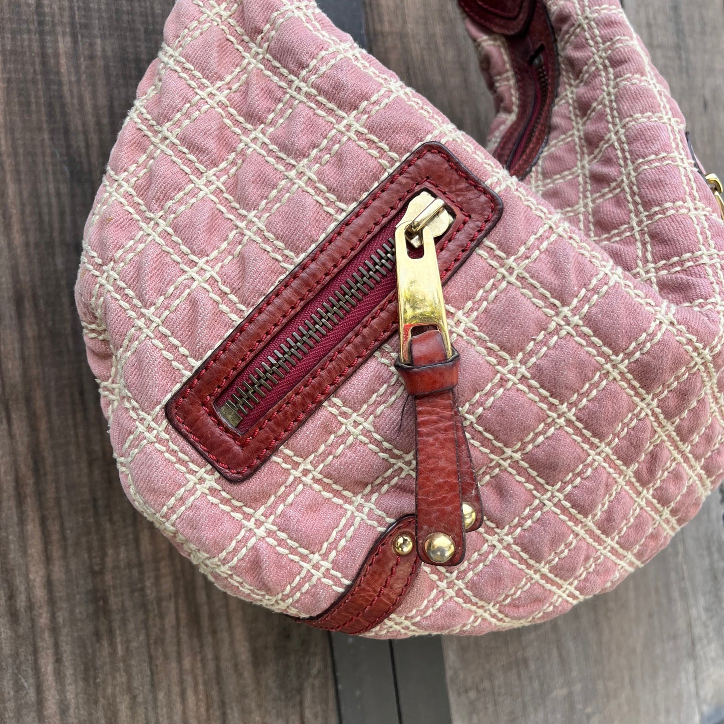 MARC JACOBS Banana Pink Denim Quilted Gold Chain Hobo Bag