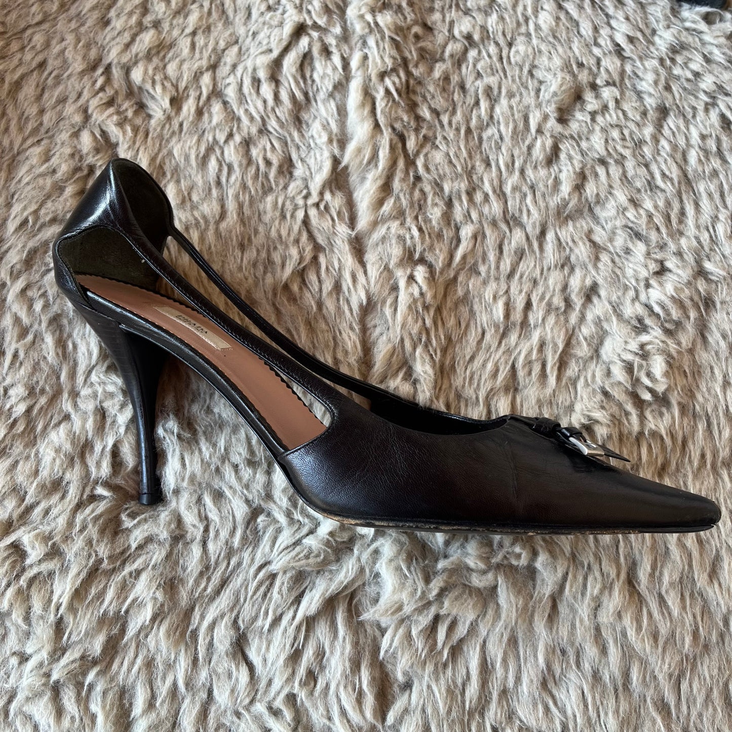 PRADA Buckle Detail Pointed Toe Open Side Pumps