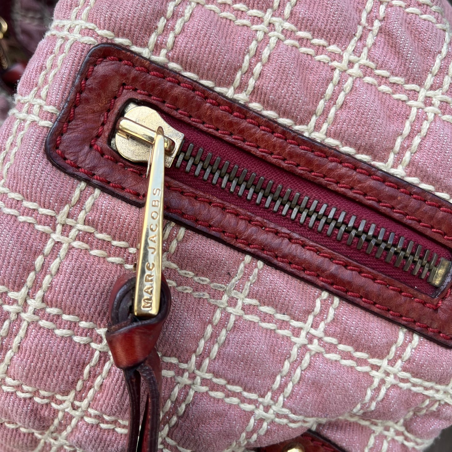 MARC JACOBS Banana Pink Denim Quilted Gold Chain Hobo Bag