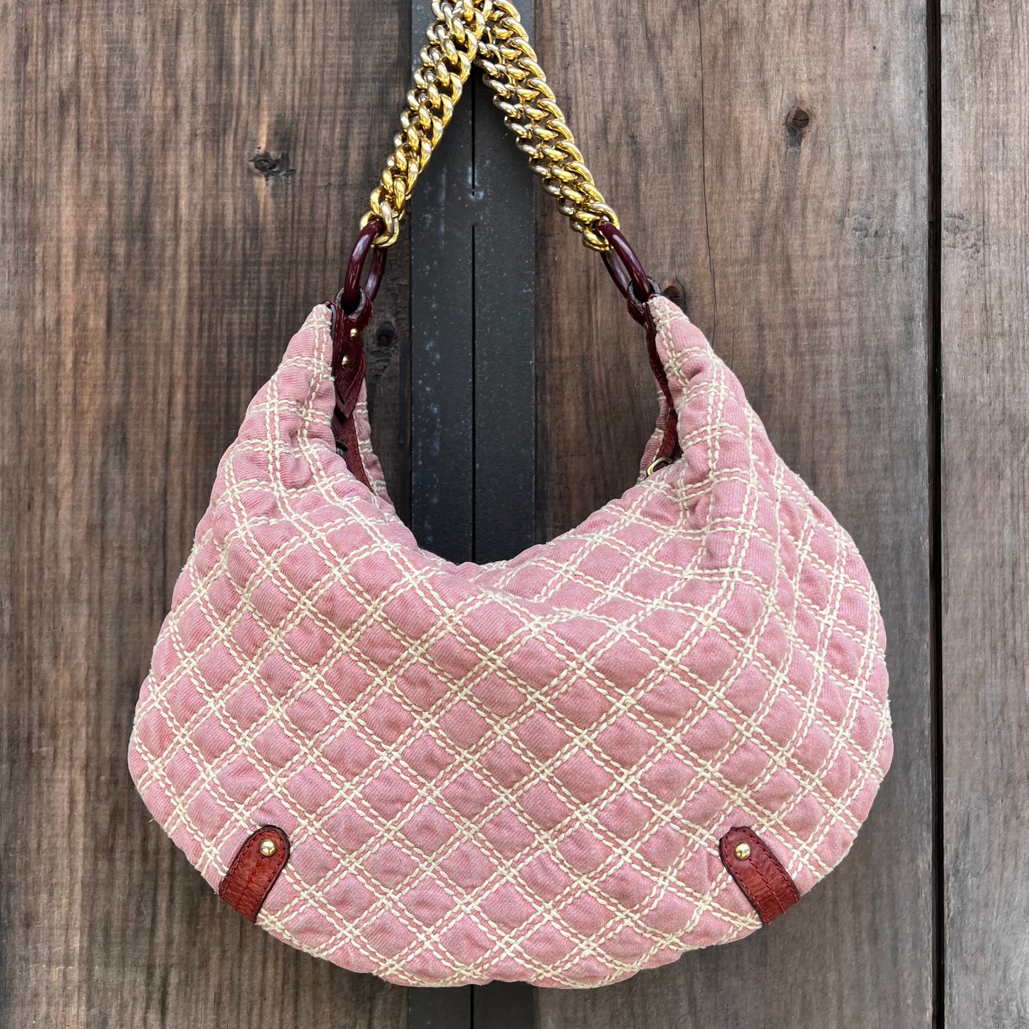 MARC JACOBS Banana Pink Denim Quilted Gold Chain Hobo Bag