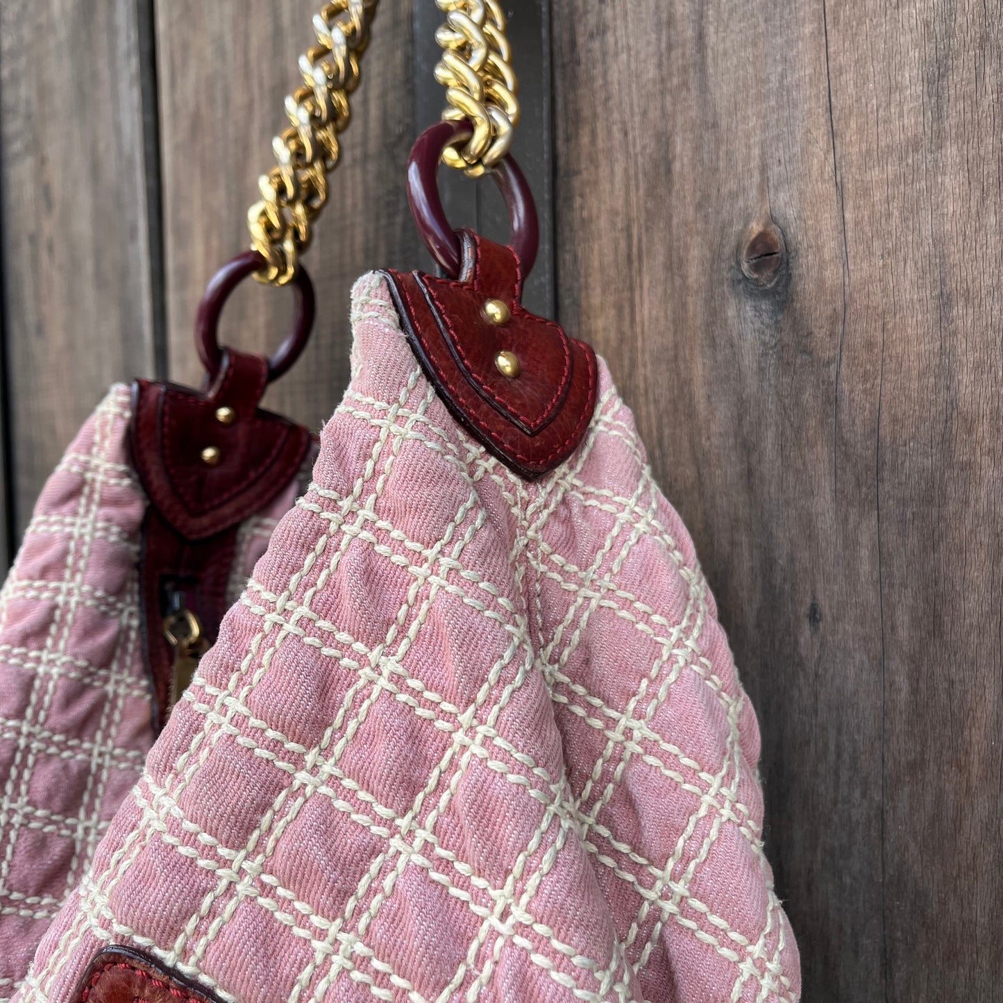 MARC JACOBS Banana Pink Denim Quilted Gold Chain Hobo Bag