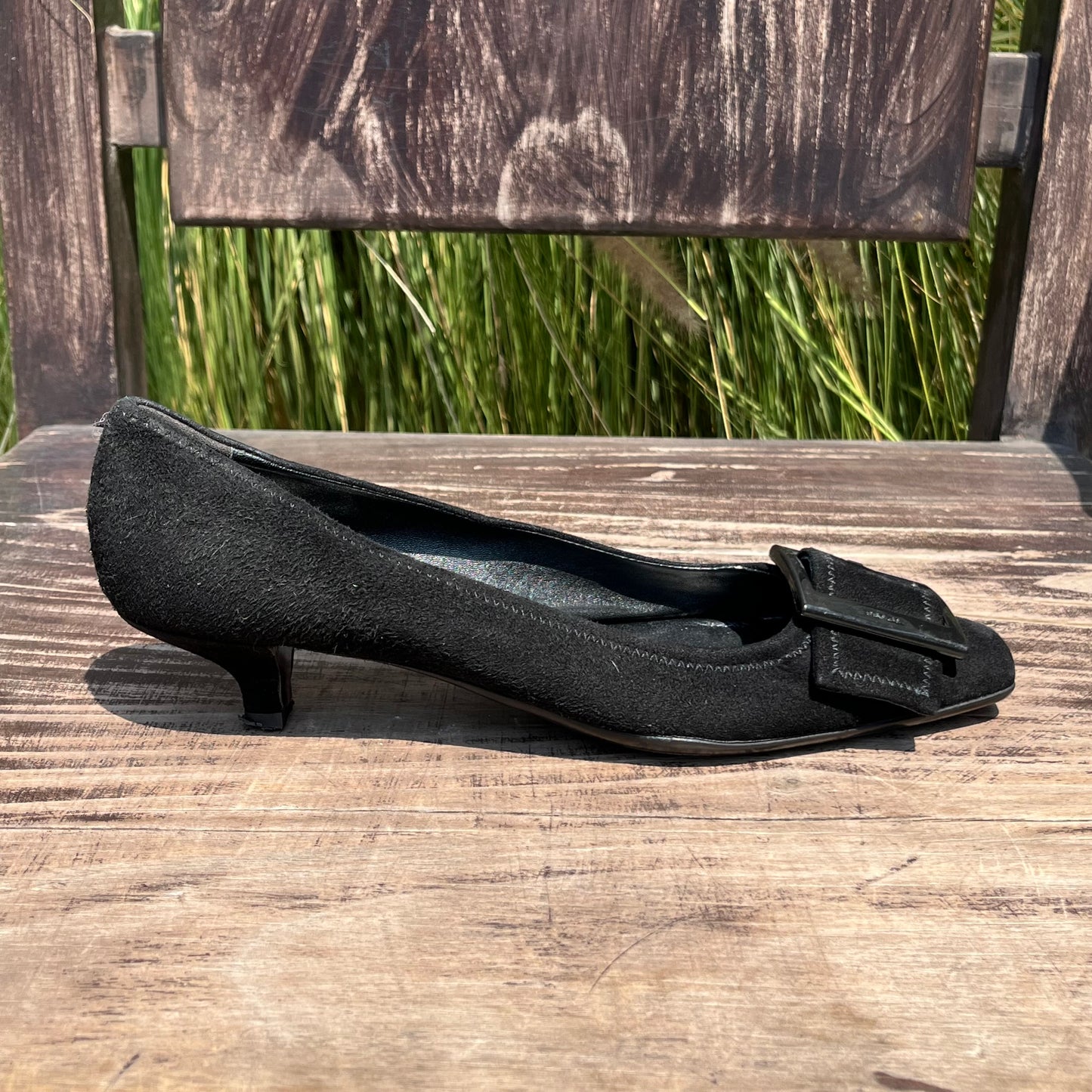 PRADA Buckle Black Suede Leather Low Kitten Heel Pumps