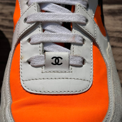 CHANEL Tricolor Leather and Neoprene CC High Top Sneakers