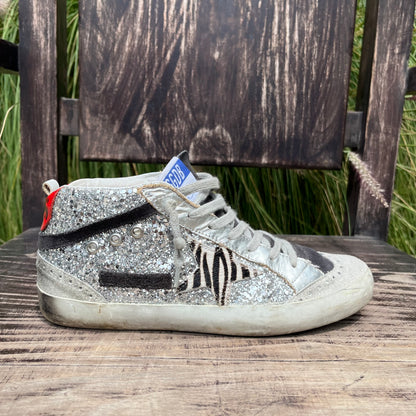 Golden Goose Limited Edition Glitter Zebra Pony Hair Mid Star Sneakers