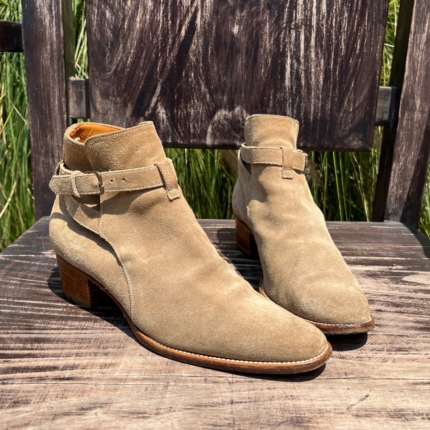 SAINT LAURENT YSL Wyatt Jodphur Suede Mid Heel Boots