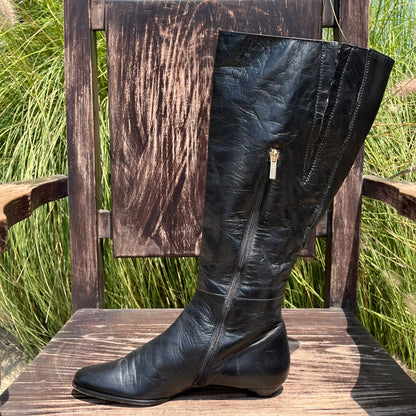 JIMMY CHOO Black Leather Classic Almond Toe Riding High Flat Boots