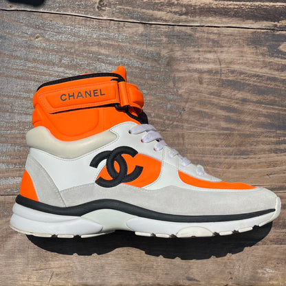 CHANEL Tricolor Leather and Neoprene CC High Top Sneakers