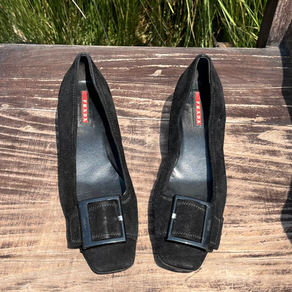 PRADA Buckle Black Suede Leather Low Kitten Heel Pumps