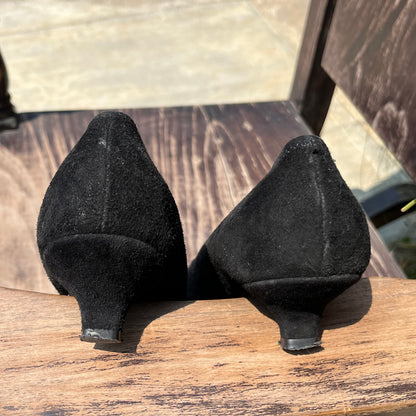 PRADA Buckle Black Suede Leather Low Kitten Heel Pumps