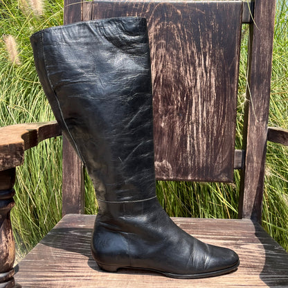 JIMMY CHOO Black Leather Classic Almond Toe Riding High Flat Boots