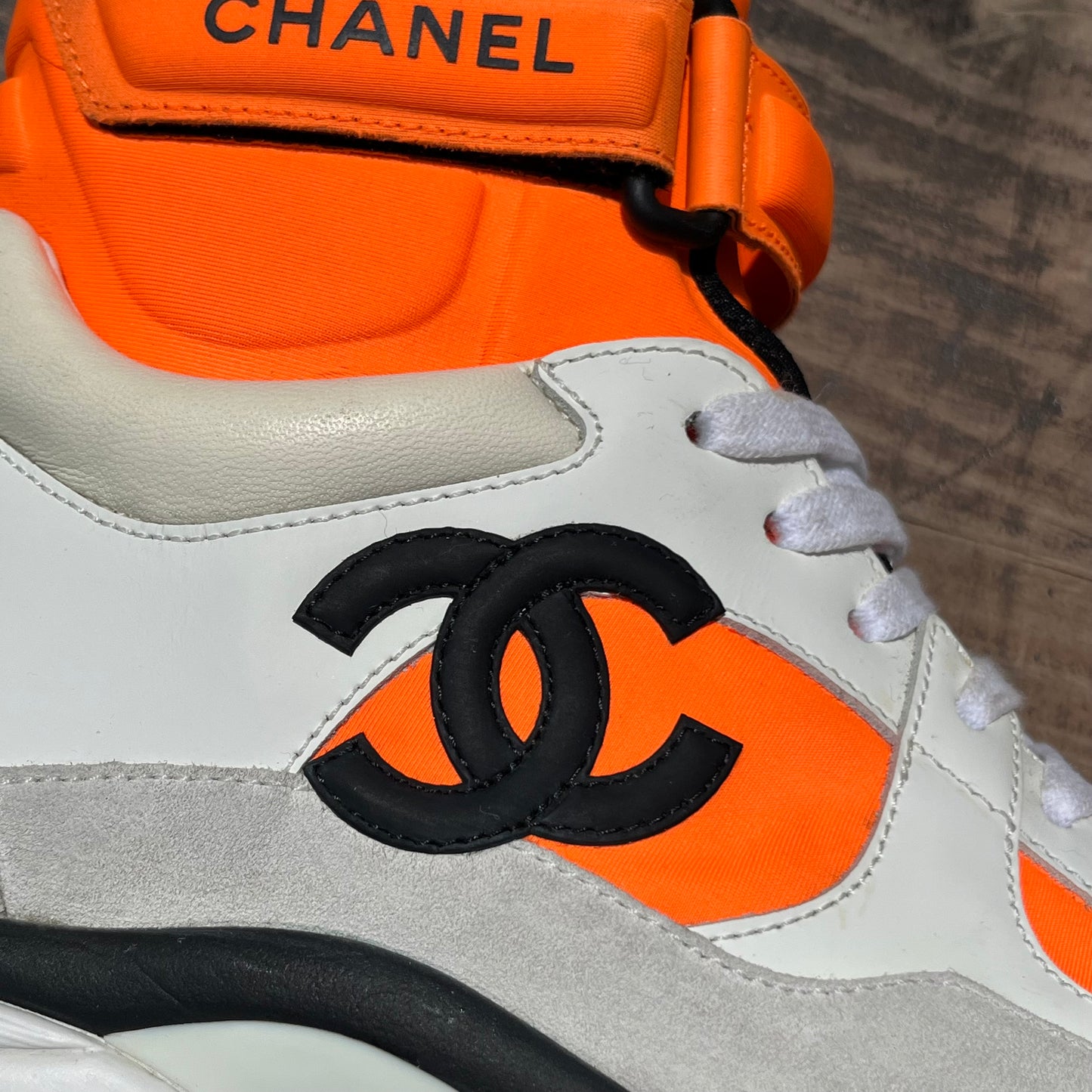 CHANEL Tricolor Leather and Neoprene CC High Top Sneakers