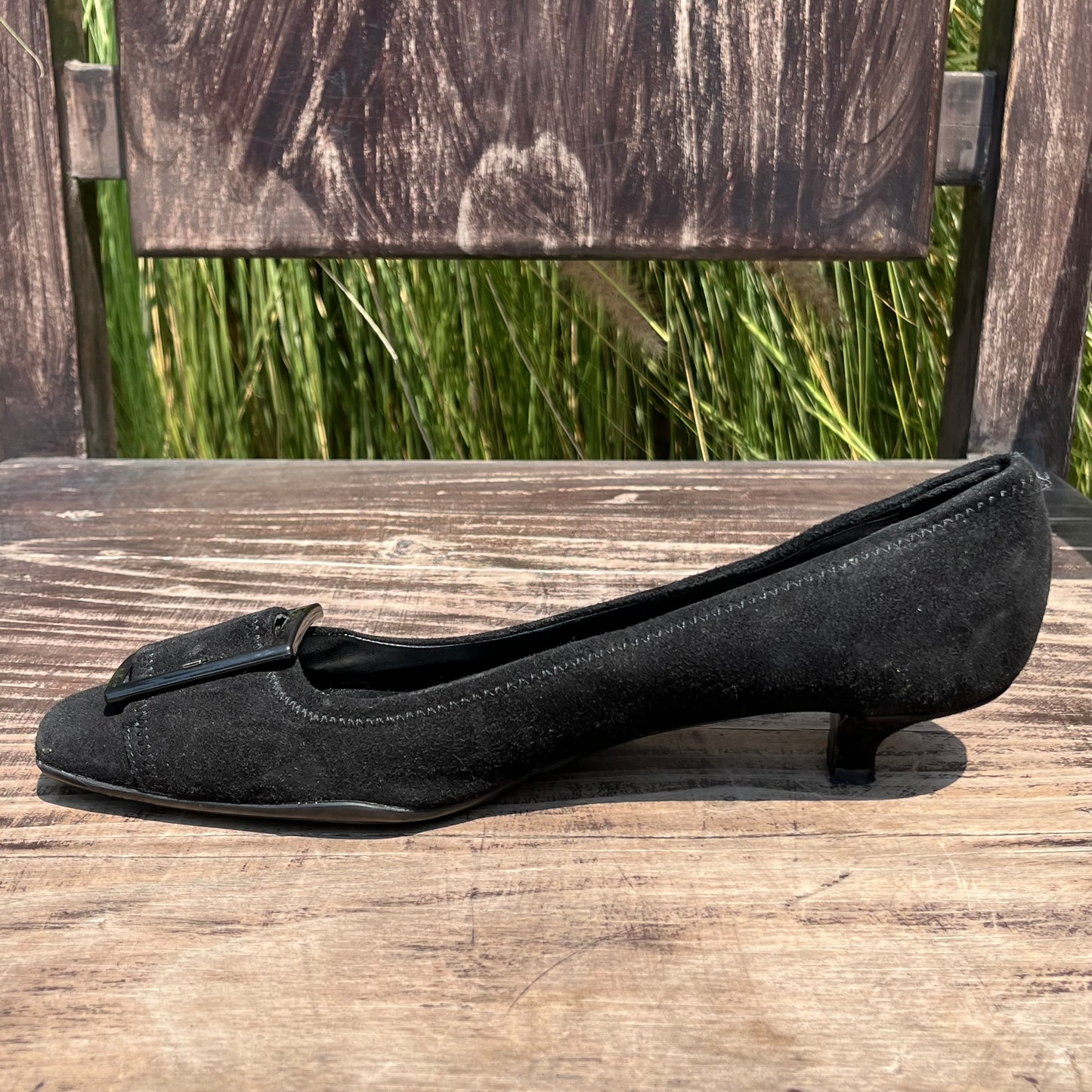 PRADA Buckle Black Suede Leather Low Kitten Heel Pumps