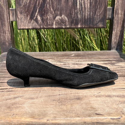 PRADA Buckle Black Suede Leather Low Kitten Heel Pumps