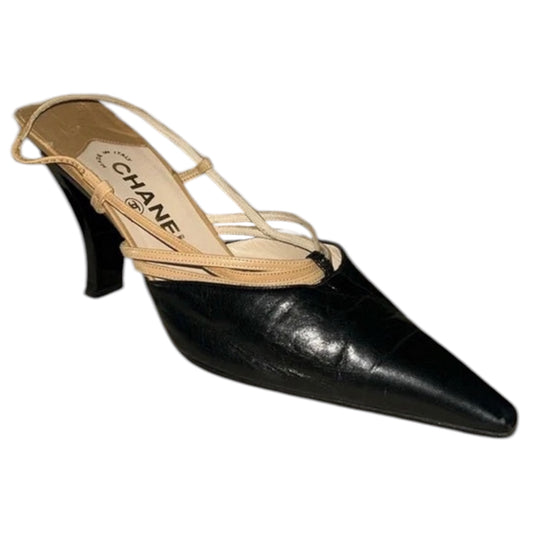CHANEL CC Logo Beige Black Pointed Toe Slingback Pumps