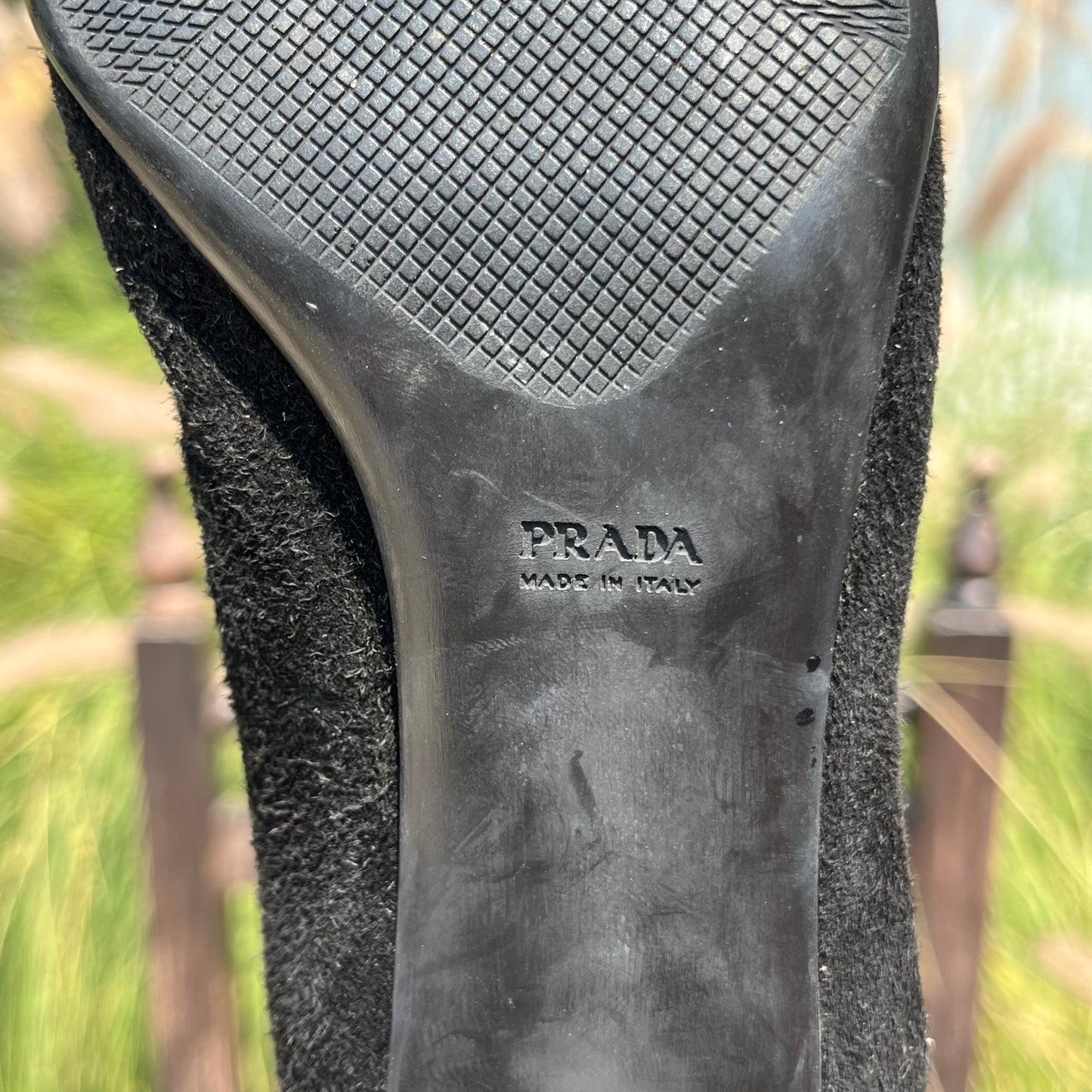 PRADA Buckle Black Suede Leather Low Kitten Heel Pumps